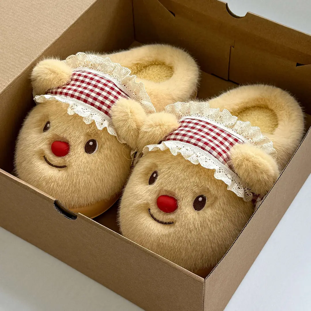 Cute Bear Plush Warm Thick-Soled Cotton Slippers for Women, Autumn and Winter Home Wear, Suitable for Students and Outdoor Use - Image 2