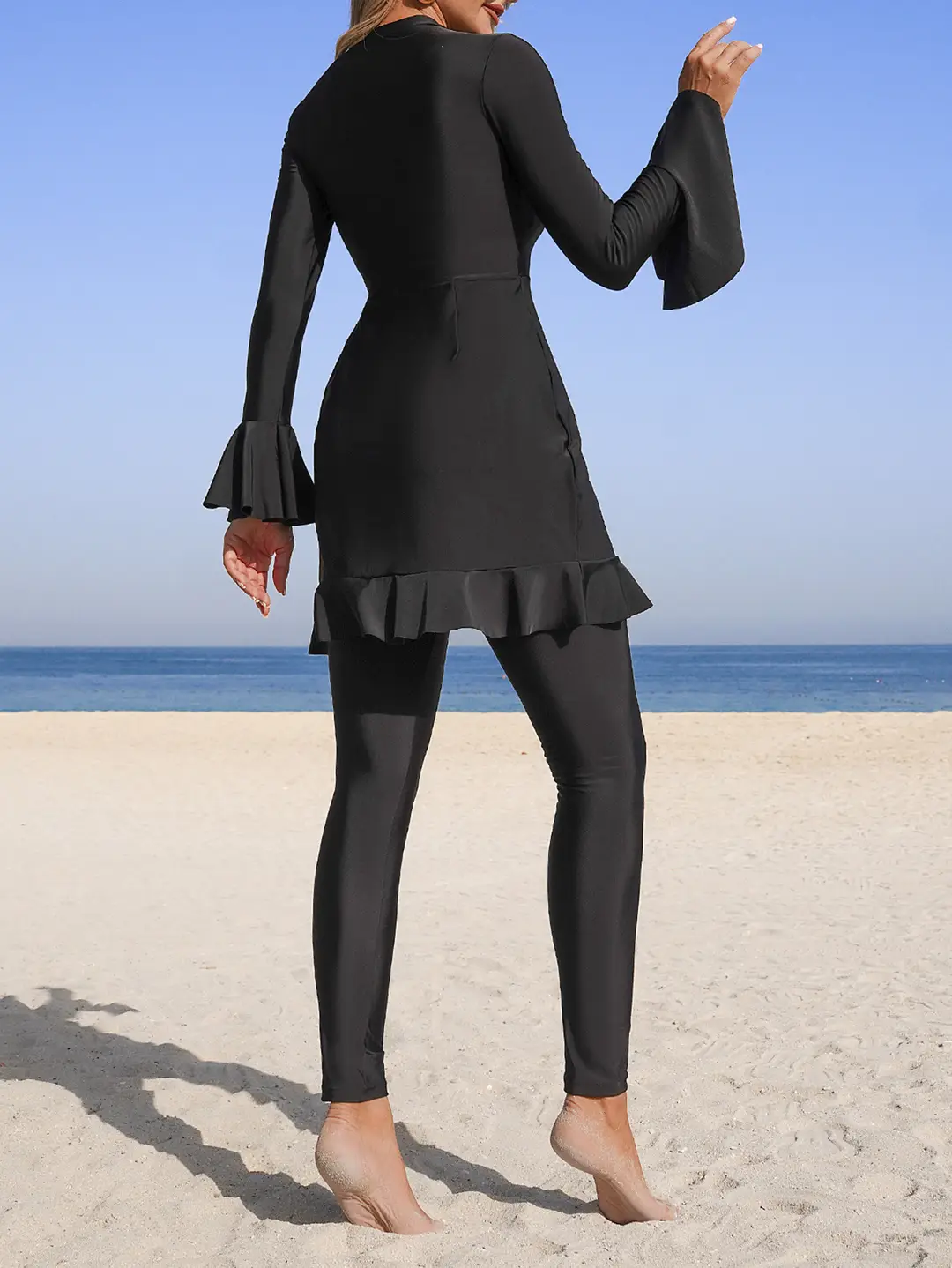Women's Burkini Two Piece Swimsuit Solid Color Elegant Holiday Flare Sleeve Ruffle Swimwear Sun Protection Clothing Beachwear