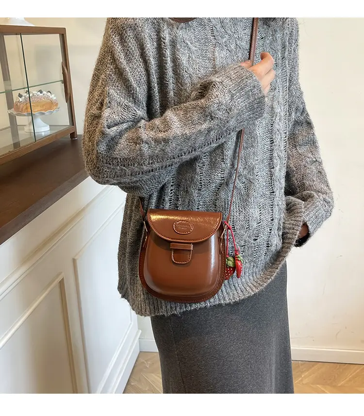 Black Leather Shoulder Bag with Strawberry Tag for Women — feature 1