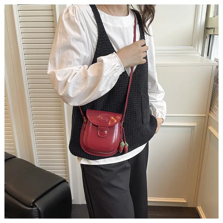 Black Leather Shoulder Bag with Strawberry Tag for Women — feature 12