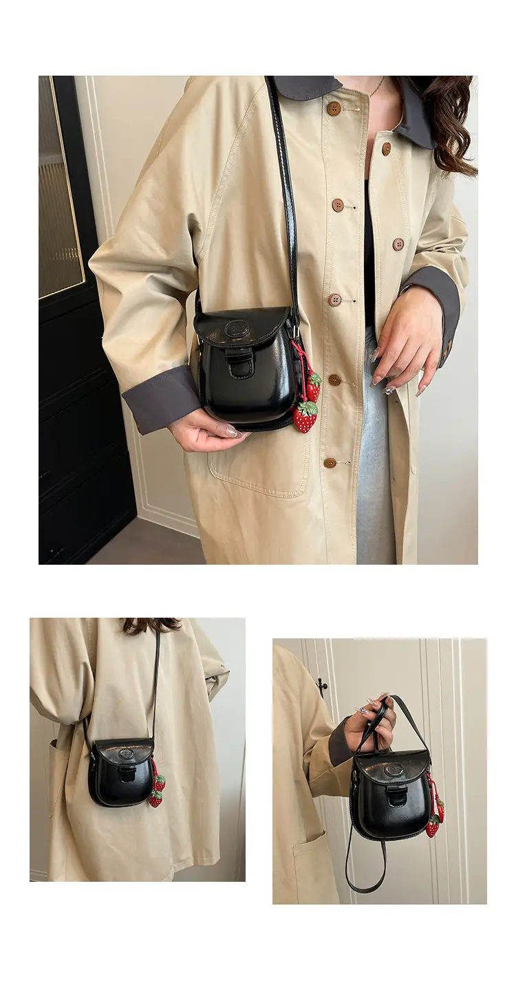 Black Leather Shoulder Bag with Strawberry Tag for Women — feature 14