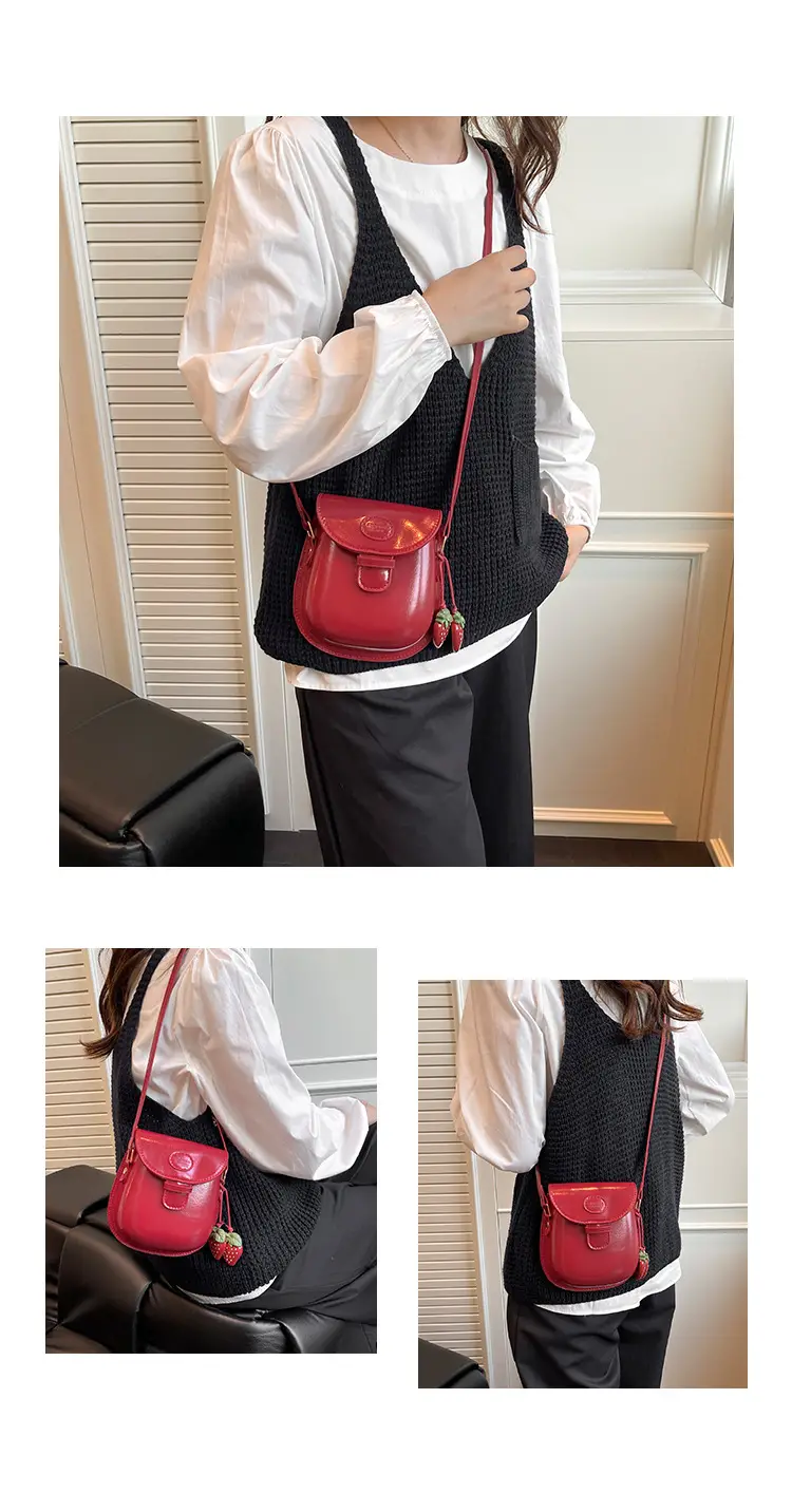 Black Leather Shoulder Bag with Strawberry Tag for Women — feature 16