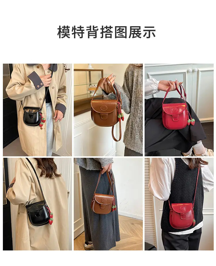 Black Leather Shoulder Bag with Strawberry Tag for Women — feature 4