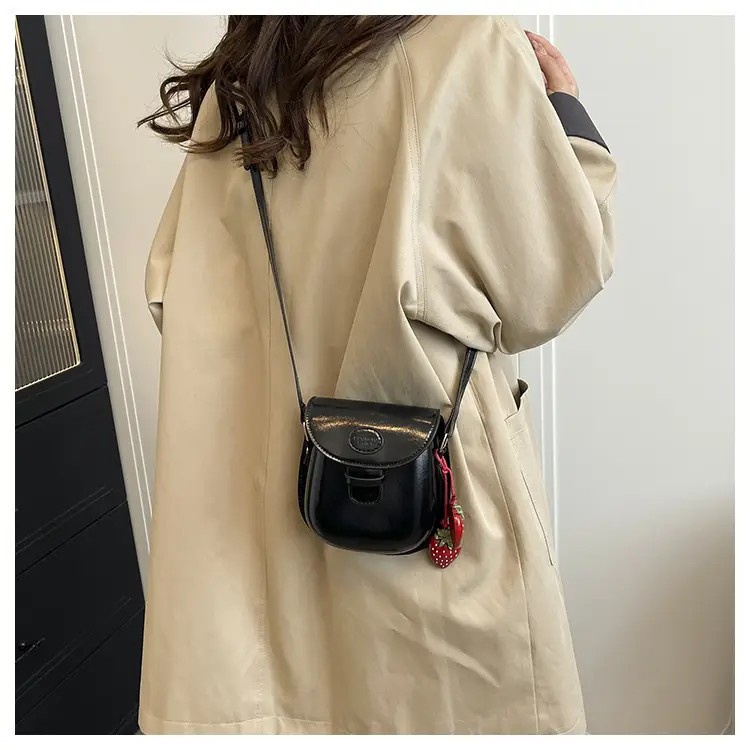 Black Leather Shoulder Bag with Strawberry Tag for Women — feature 8