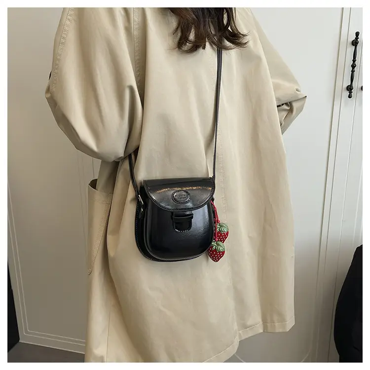 Black Leather Shoulder Bag with Strawberry Tag for Women — feature 9