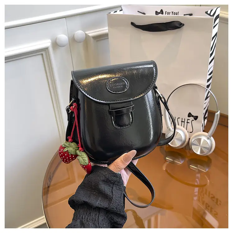 Black Leather Shoulder Bag with Strawberry Tag for Women - Image 4