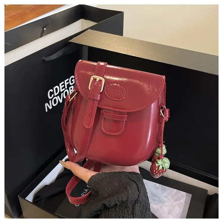 Black Leather Shoulder Bag with Strawberry Tag for Women - Image 5