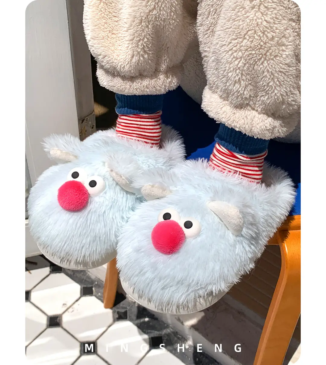 New Creative Funny and Cute Cartoon Furry Slippers for Women Winter Indoor Home Fleece-Lined Warm Anti-Slip Cotton Slippers — feature 5