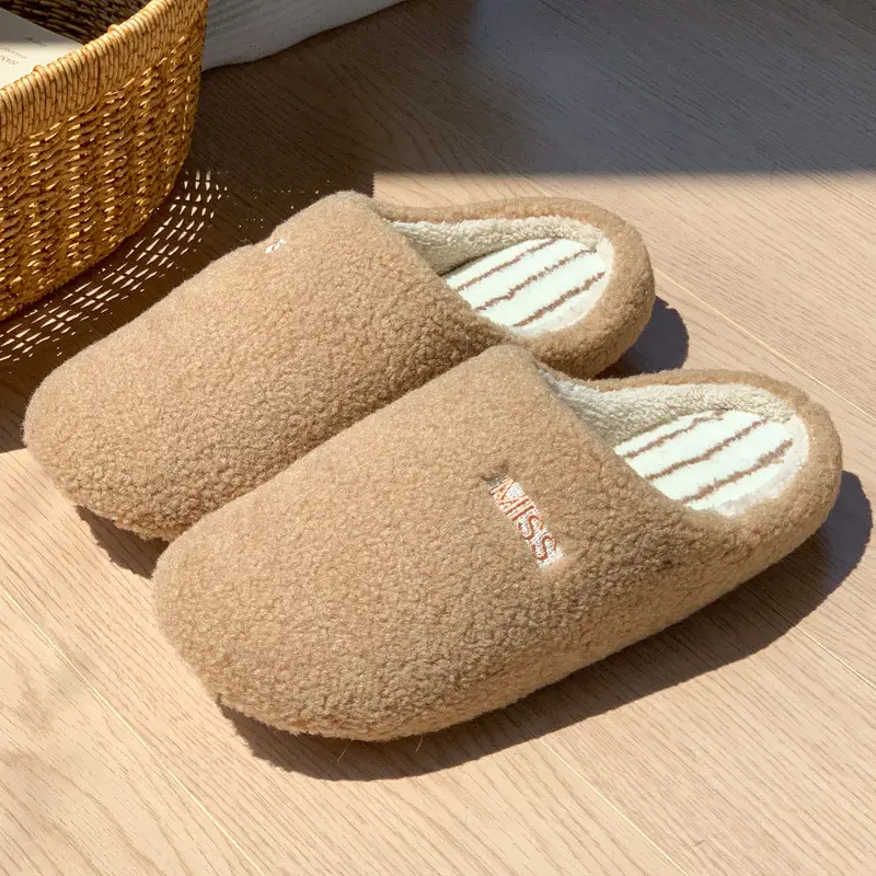 New Style Simple Striped Slippers for Women, Autumn and Winter Indoor Home Use, Plush Warm Non-Slip Couple Cotton Slippers for Men - Image 6