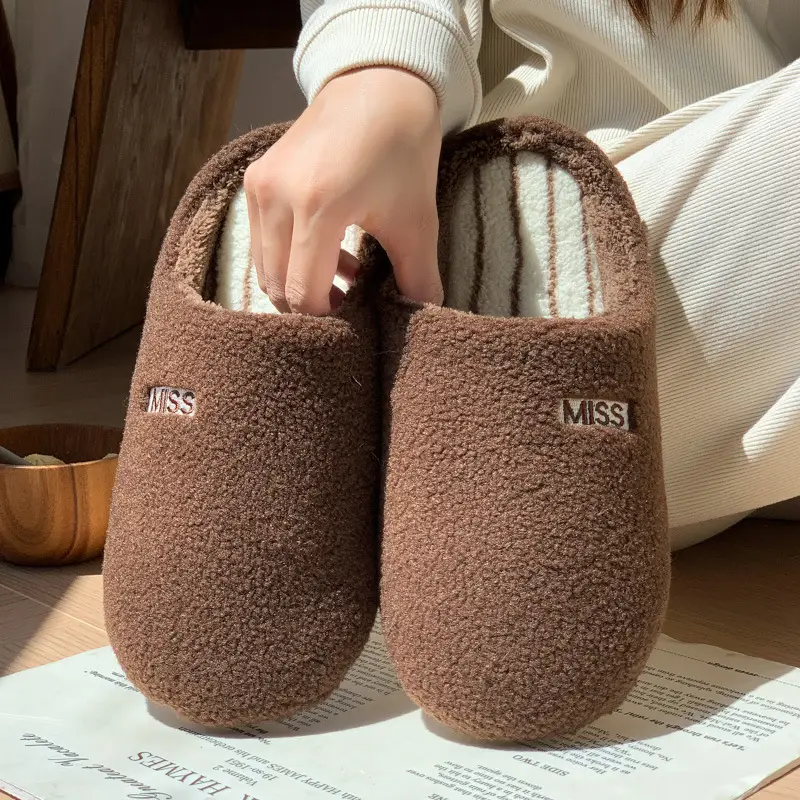 New Style Simple Striped Slippers for Women, Autumn and Winter Indoor Home Use, Plush Warm Non-Slip Couple Cotton Slippers for Men - Image 7