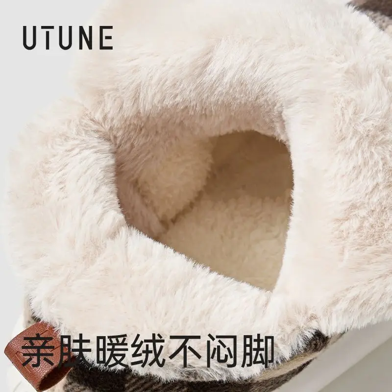 Women Fleece Lined Winter Slippers Brown Plaid