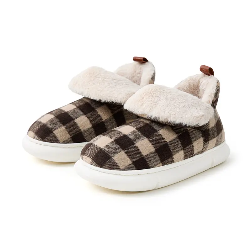Women Fleece Lined Winter Slippers Brown Plaid