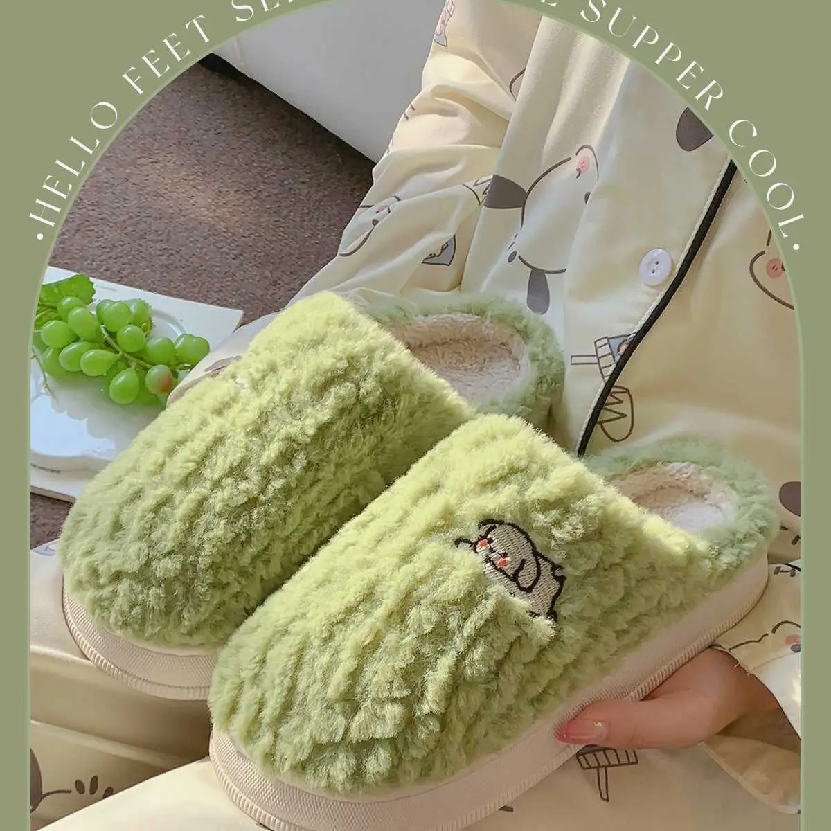 Cute Fleece Lined Slippers Green Women Winter — feature 14