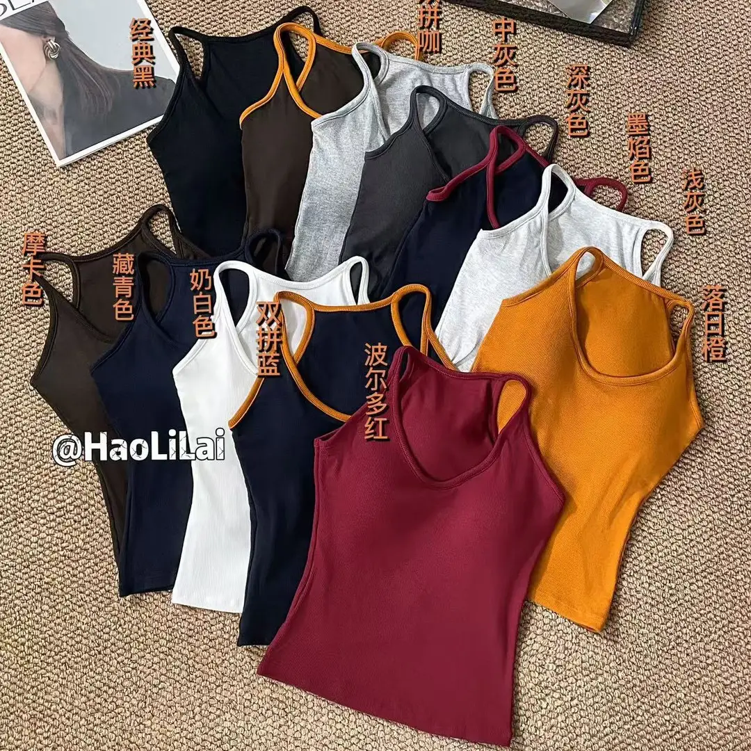Spring and Summer New Style Color-Blocking Fashionable One-Piece Racerback Tank Top for Women with Chest Pads, Slim Fit, Flattering, Suitable for Outerwear or Layering - Image 17