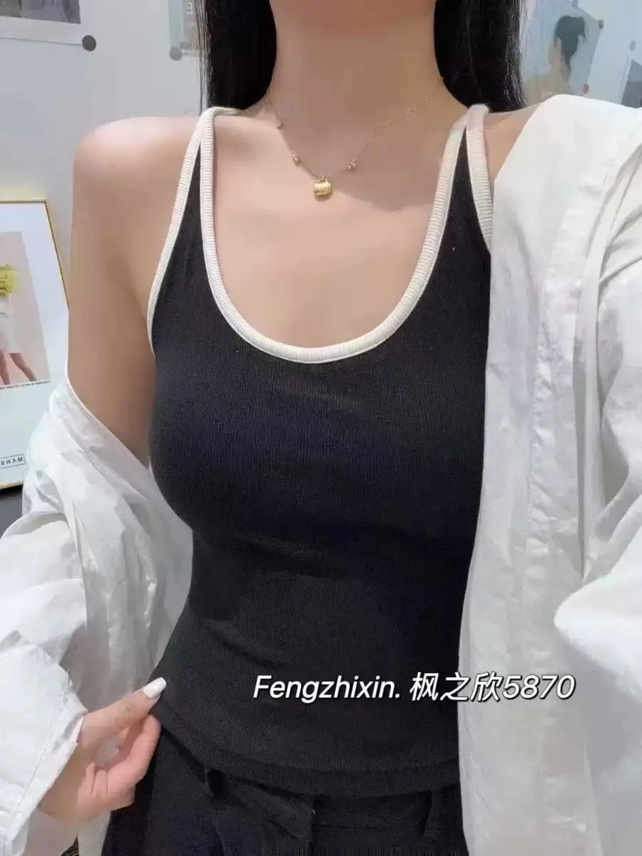 Spring and Summer New Style Color-Blocking Fashionable One-Piece Racerback Tank Top for Women with Chest Pads, Slim Fit, Flattering, Suitable for Outerwear or Layering - Image 3