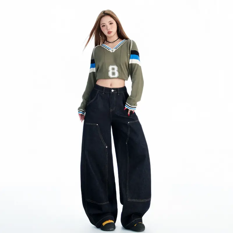 Women's Dark Blue Topstitch Wide Leg Pants with Slimming Top