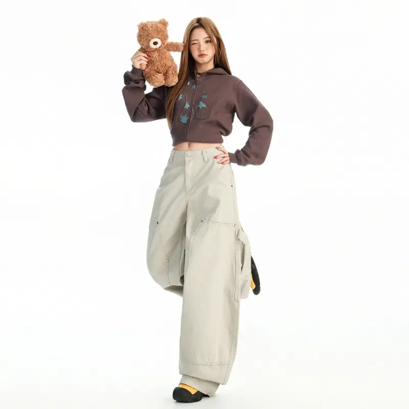 Women's Dark Blue Topstitch Wide Leg Pants with Slimming Top