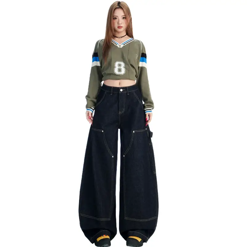 Women's Dark Blue Topstitch Wide Leg Pants with Slimming Top