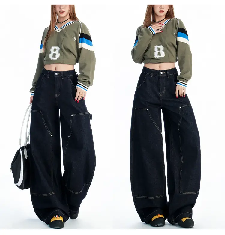 Women's Dark Blue Topstitch Wide Leg Pants with Slimming Top — feature 10