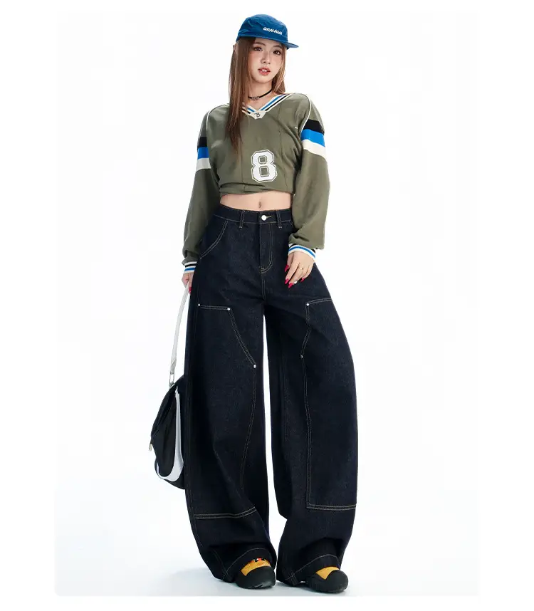 Women's Dark Blue Topstitch Wide Leg Pants with Slimming Top — feature 11