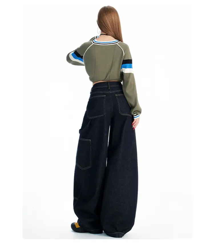 Women's Dark Blue Topstitch Wide Leg Pants with Slimming Top — feature 12