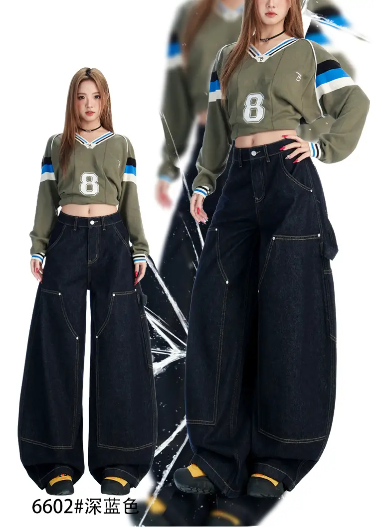 Women's Dark Blue Topstitch Wide Leg Pants with Slimming Top — feature 3