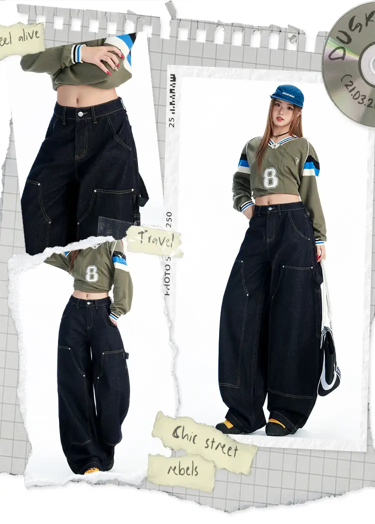 Women's Dark Blue Topstitch Wide Leg Pants with Slimming Top — feature 5