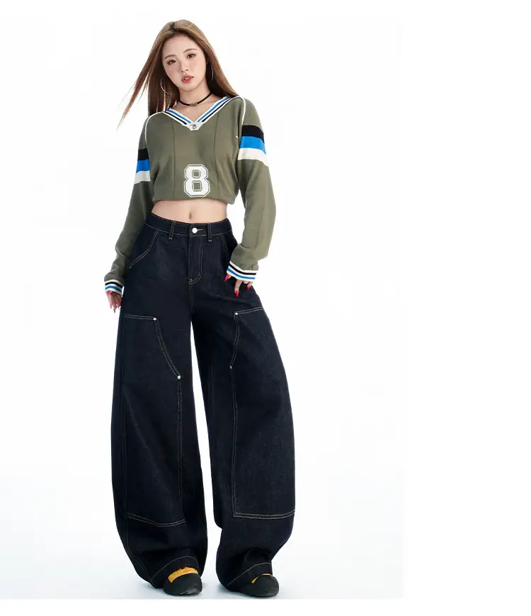 Women's Dark Blue Topstitch Wide Leg Pants with Slimming Top — feature 8
