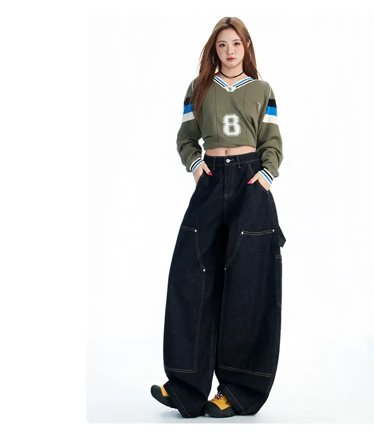 Women's Dark Blue Topstitch Wide Leg Pants with Slimming Top — feature 9