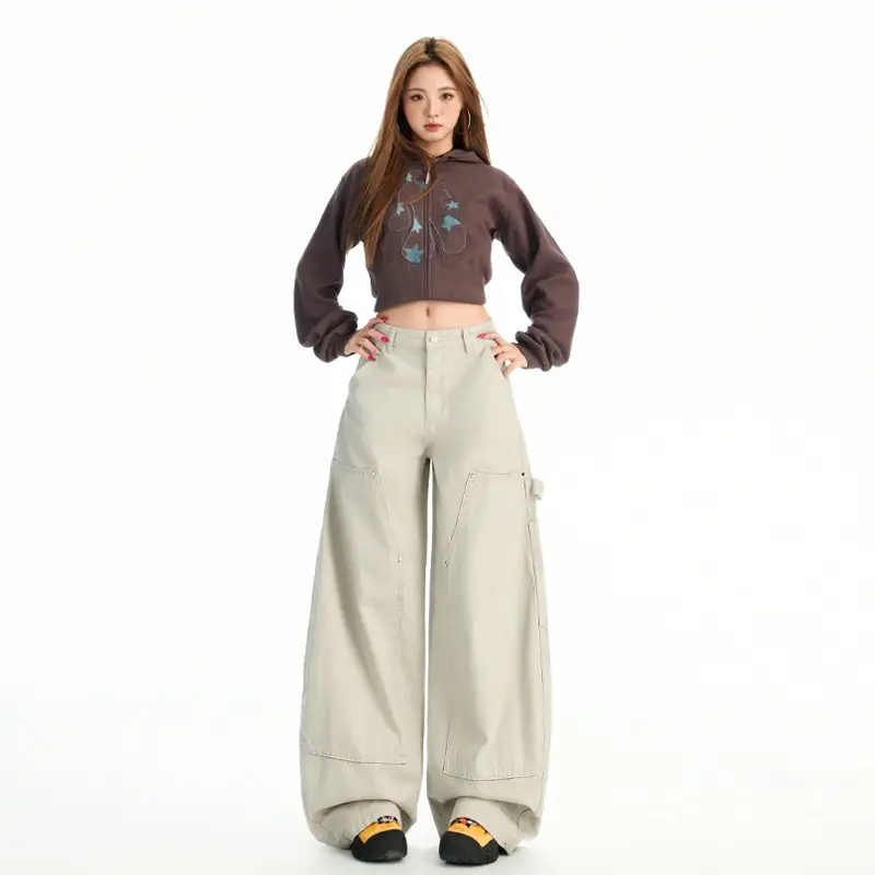Women's Dark Blue Topstitch Wide Leg Pants with Slimming Top