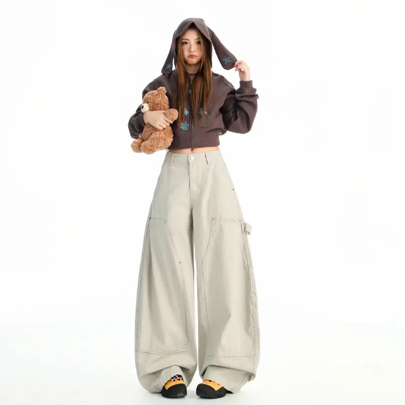 Women's Dark Blue Topstitch Wide Leg Pants with Slimming Top