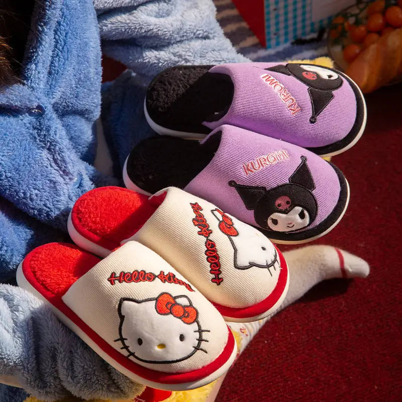 Sanrio Cotton Slippers for Women 2025 Winter Outer Wear Warm Furry Slippers Indoor Medium and Large Children's Non-Slip Home Shoes