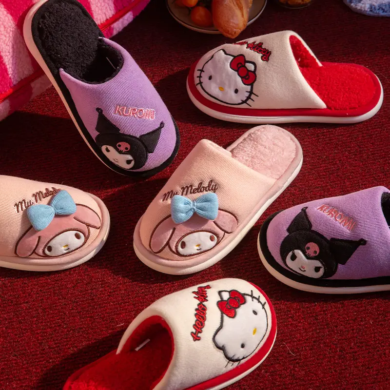 Sanrio Cotton Slippers for Women 2025 Winter Outer Wear Warm Furry Slippers Indoor Medium and Large Children's Non-Slip Home Shoes