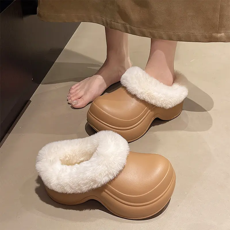 5cm Baotou Cotton Slippers for Women, Thick-Soled, Heightening, Non-Slip Home Slippers, Indoor Casual Warm Woolen Cotton Shoes