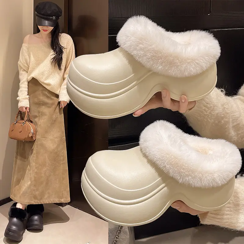 5cm Baotou Cotton Slippers for Women, Thick-Soled, Heightening, Non-Slip Home Slippers, Indoor Casual Warm Woolen Cotton Shoes
