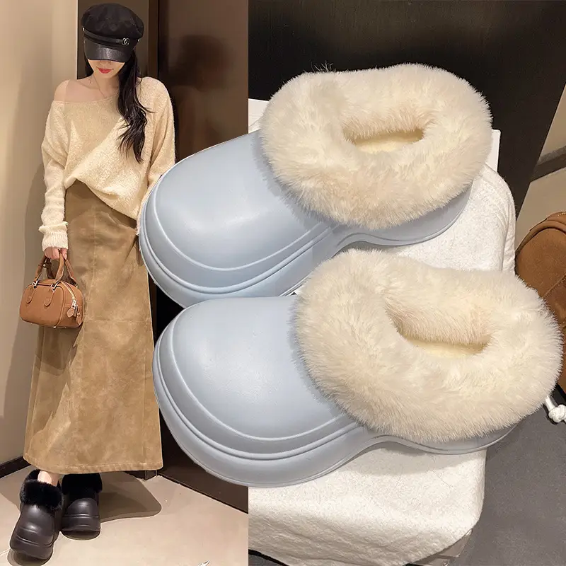 5cm Baotou Cotton Slippers for Women, Thick-Soled, Heightening, Non-Slip Home Slippers, Indoor Casual Warm Woolen Cotton Shoes