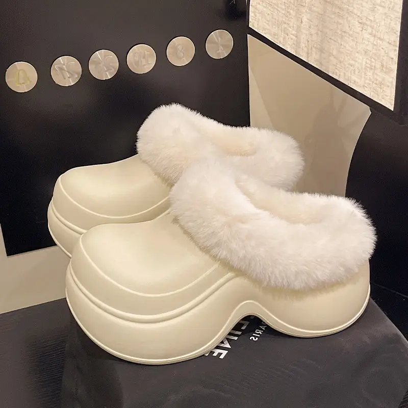 5cm Baotou Cotton Slippers for Women, Thick-Soled, Heightening, Non-Slip Home Slippers, Indoor Casual Warm Woolen Cotton Shoes
