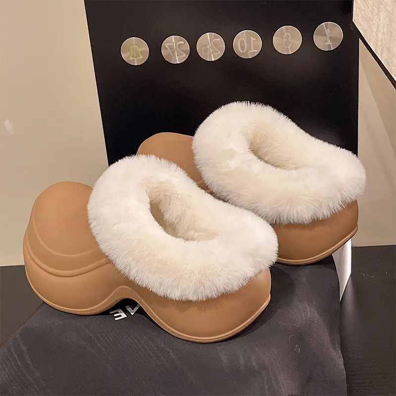 5cm Baotou Cotton Slippers for Women, Thick-Soled, Heightening, Non-Slip Home Slippers, Indoor Casual Warm Woolen Cotton Shoes