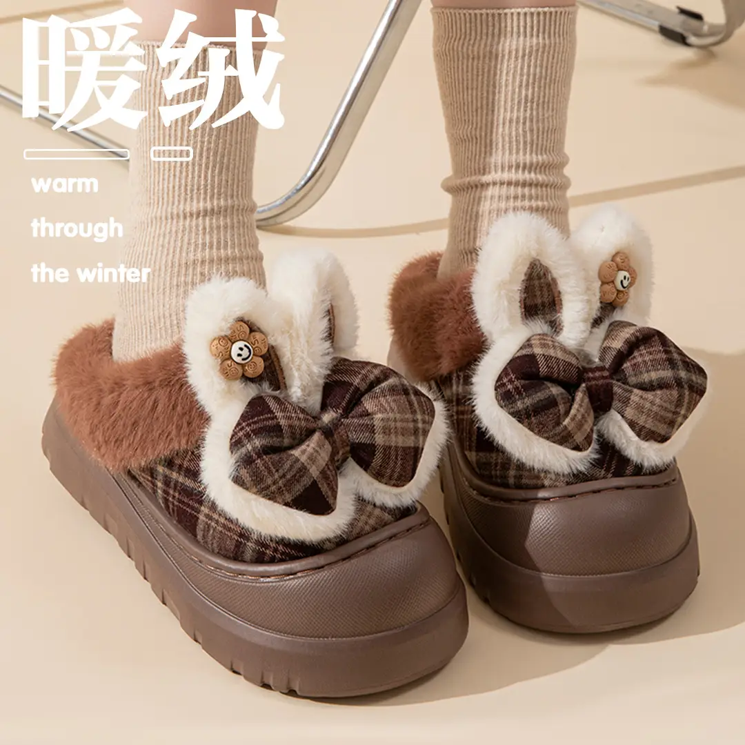 High-Heeled Cotton Slippers for Women Winter 2025 New Thick-Soled Heightening Warm Fleece-Lined Warm Bow Cotton Slippers for Women - Image 9
