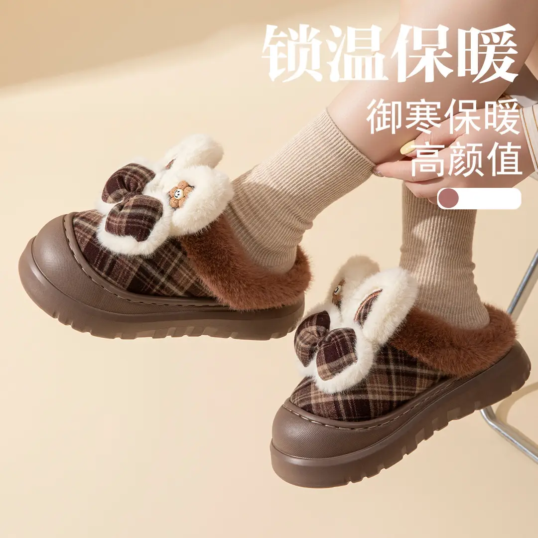 High-Heeled Cotton Slippers for Women Winter 2025 New Thick-Soled Heightening Warm Fleece-Lined Warm Bow Cotton Slippers for Women - Image 10