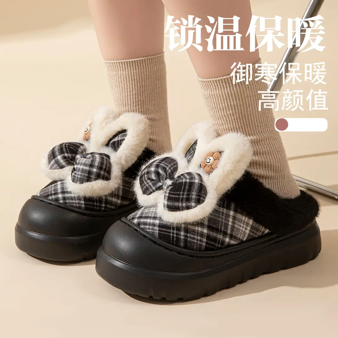 High-Heeled Cotton Slippers for Women Winter 2025 New Thick-Soled Heightening Warm Fleece-Lined Warm Bow Cotton Slippers for Women - Image 11