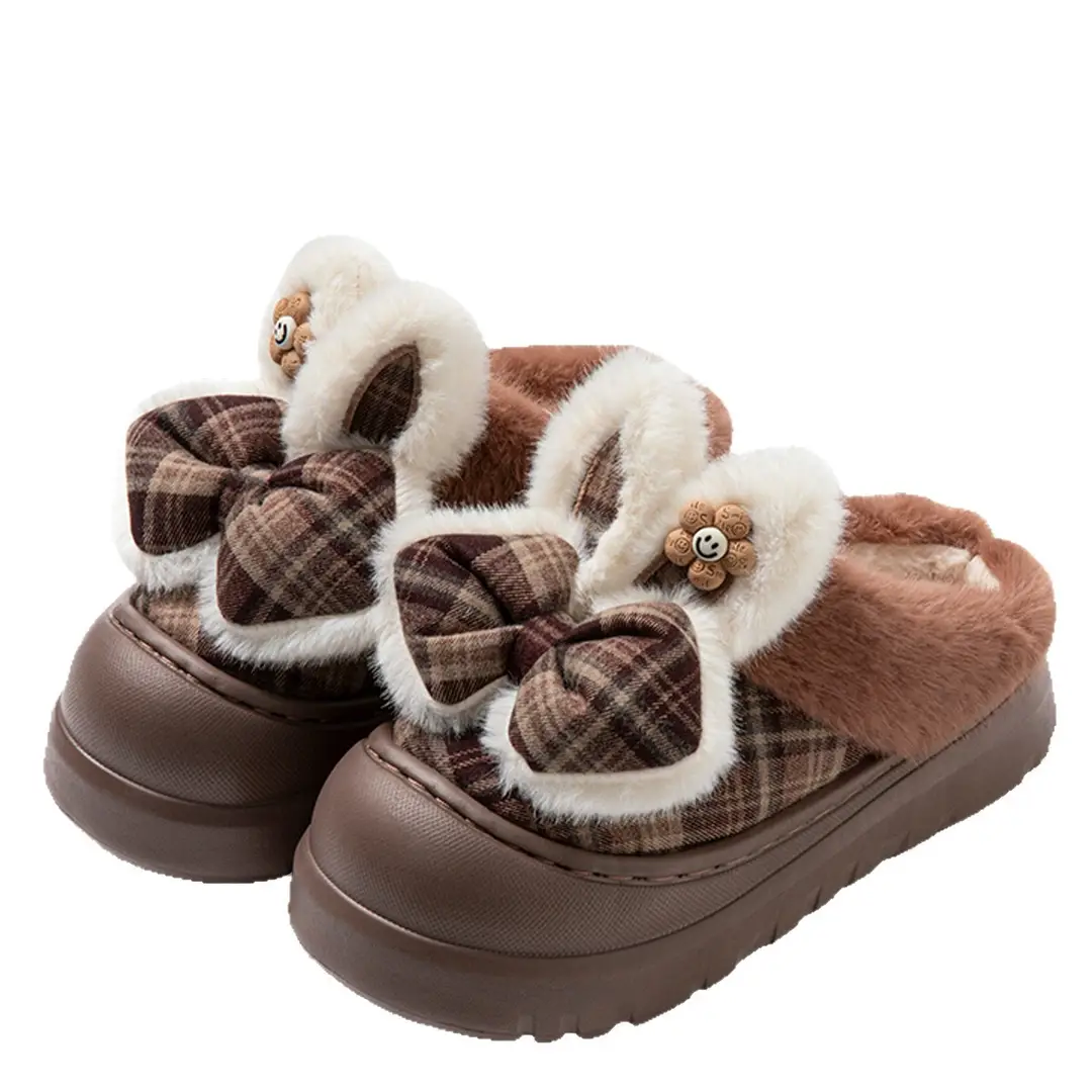 High-Heeled Cotton Slippers for Women Winter 2025 New Thick-Soled Heightening Warm Fleece-Lined Warm Bow Cotton Slippers for Women - Image 12