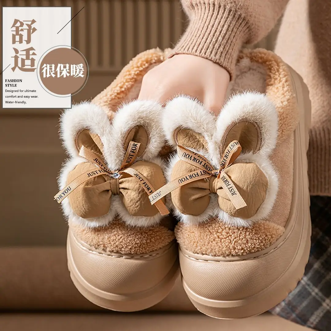 High-Heeled Cotton Slippers for Women Winter 2025 New Thick-Soled Heightening Warm Fleece-Lined Warm Bow Cotton Slippers for Women - Image 4