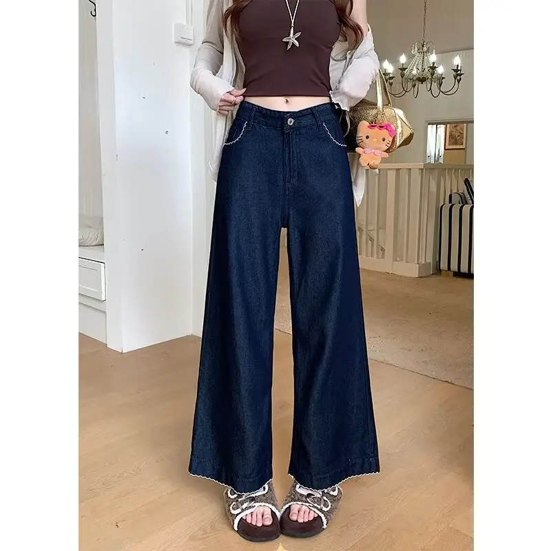 Plus Size Vintage Dark Blue Wide Leg Jeans