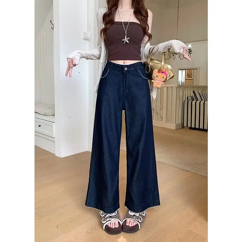 Plus Size Vintage Dark Blue Wide Leg Jeans