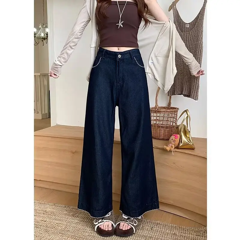 Plus Size Vintage Dark Blue Wide Leg Jeans