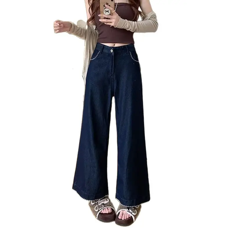 Plus Size Vintage Dark Blue Wide Leg Jeans