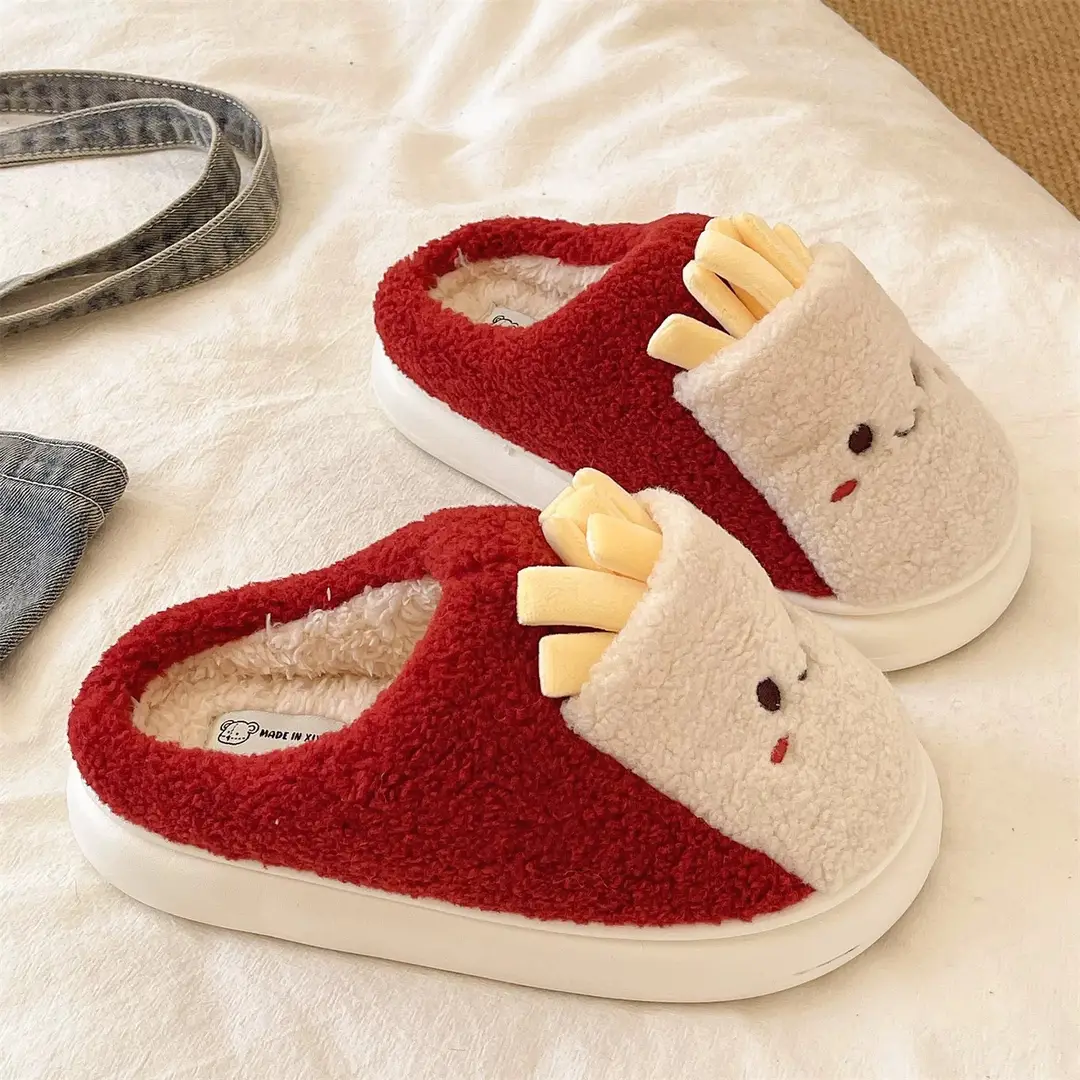 Cute French Fries Plush Slippers for Women in Winter Thick-Soled Non-Slip Warm Plush Home Indoor Toe-Cap Cotton Slippers for Outer Wear