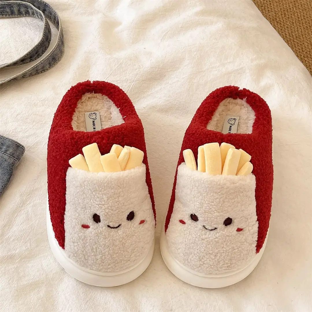 Cute French Fries Plush Slippers for Women in Winter Thick-Soled Non-Slip Warm Plush Home Indoor Toe-Cap Cotton Slippers for Outer Wear