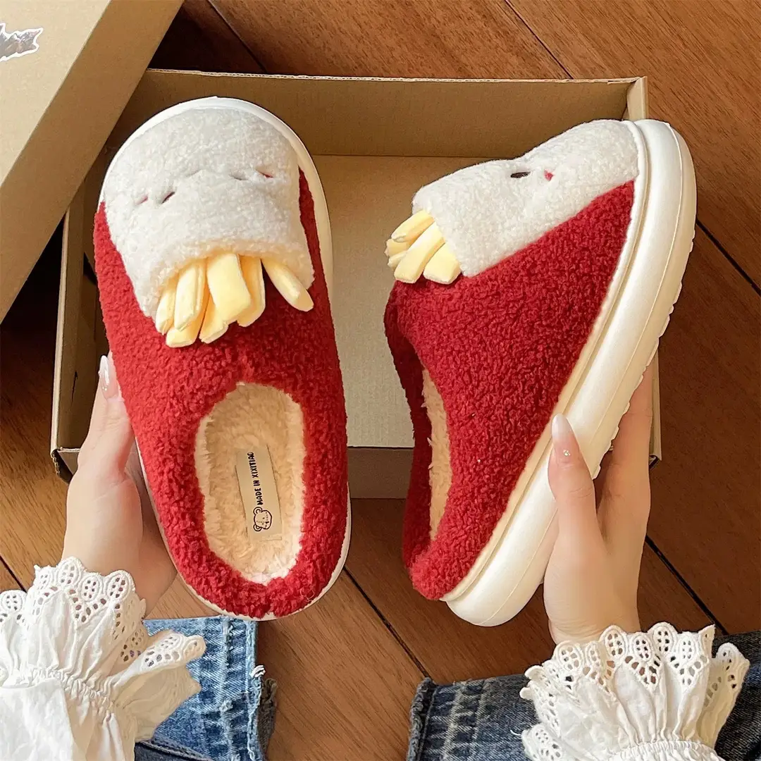 Cute French Fries Plush Slippers for Women in Winter Thick-Soled Non-Slip Warm Plush Home Indoor Toe-Cap Cotton Slippers for Outer Wear
